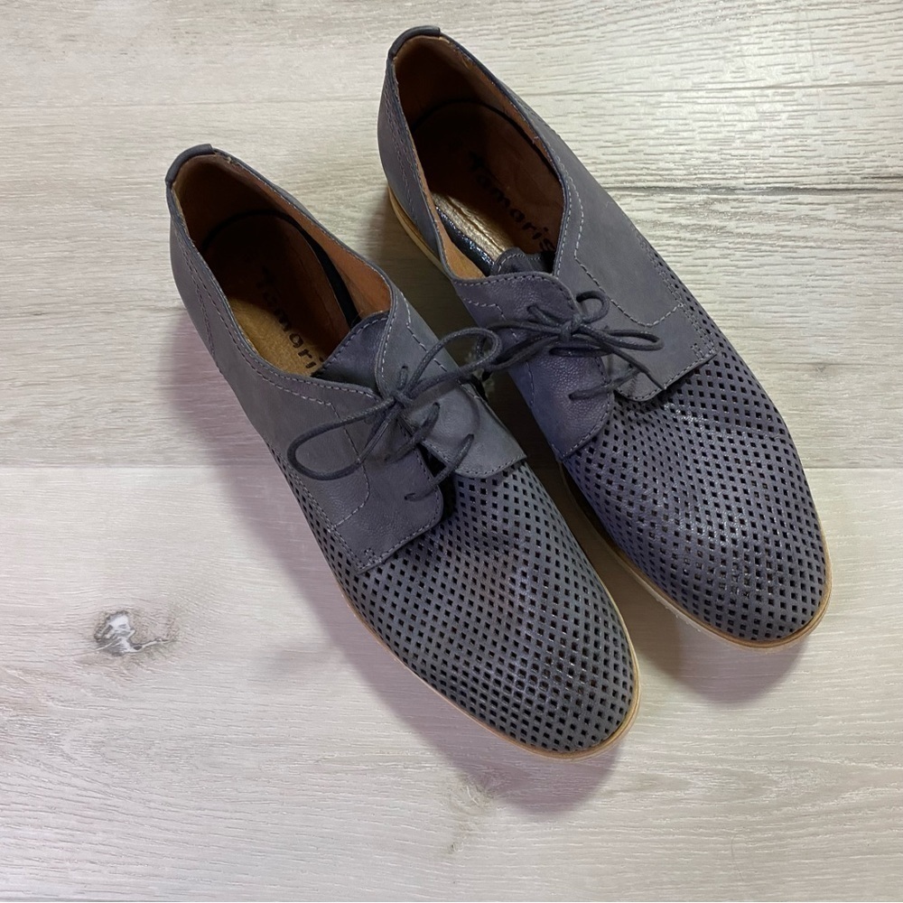 Tamaris Perforated Leather Oxford Lace Up Shoes, Blueish Gray, Size 40 - Picture 4 of 9